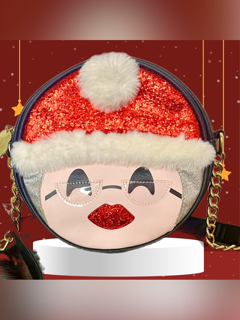 Betsy Johnson Holiday Sparkle Mrs Claus Round Crossbody Bag